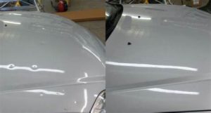 Hail damaged car before and after. 
